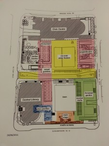 The architectural layout of the Celebration Square including the main stage at the bottom. Courtesy of the Canadiana Room, Mississauga Central Library 