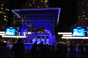 The main stage at the Celebration Square, November 2013, shows the two large television screens placed on either side of the stage. Personal Photo 