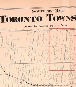 Charles Wilcox, a farmer, owned the land that is now home to Square One, the civic centre, and to the Celebration Square. Source: Pope. J. H. (1877). Illustrated Historical Atlas of the County of Peel, Ont. Toronto: Walker & Miles. 