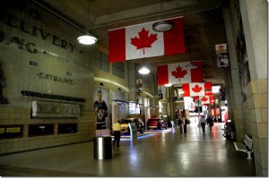 The north wall of the Postal Delivery Building on the left-hand side as seen in the inside of the ACC . (Photo taken from http://tayloronhistory.com/2013/02/12/torontos-architectural-gemsthe-postal-delivery-building-now-the-acc/)  