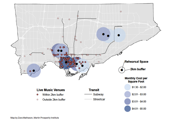 Map of music venues and rehearsal spaces in Toronto from a report published by the Martin Institute in 2011. 